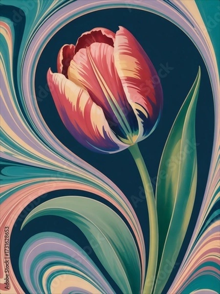 Fototapeta Vibrant Tulip Bloom with Swirling Art Nouveau Inspired Background.