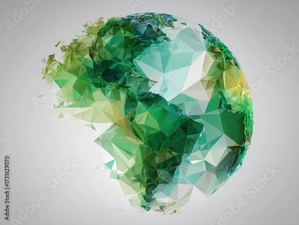 Fototapeta Emerald Earth: A captivating low-poly illustration presents our planet as a mosaic of emerald-hued facets, symbolizing environmental conservation, sustainability, and interconnectedness.