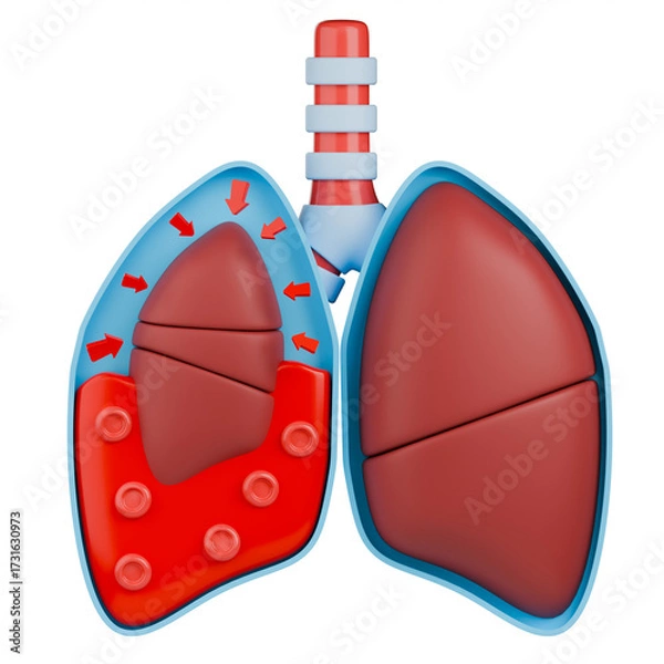 Fototapeta 3D medical illustration of hemothorax. Blood and red blood cells accumulate in the pleural space, causing the lung to collapse. Red arrows indicate the immense pressure exerted on the lung.