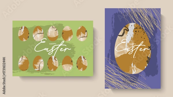 Fototapeta Happy Easter greeting cards with Easter eggs. Abstract modern Easter card or banner design.