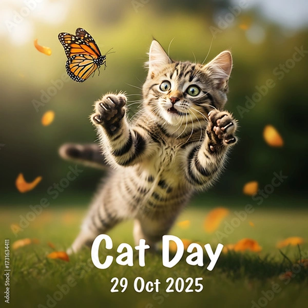 Obraz Cute Kitten Reaching for a Butterfly with Falling Leaves Celebrating Cat Day in 2025