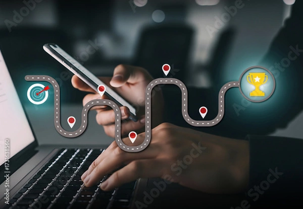 Obraz Digital Workflow Toward Goal Achievement and Success, Laptop and phone show winding path from target to trophy