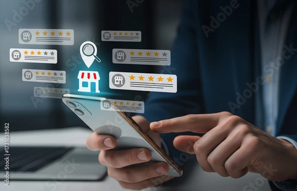 Obraz Mobile Review System for Local Business Ratings, Smartphone shows glowing storefront and star-rated feedback cards