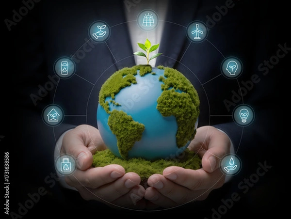 Obraz Global Sustainability Through Integrated Green Solutions, Hand holds moss globe with icons of eco-friendly innovations