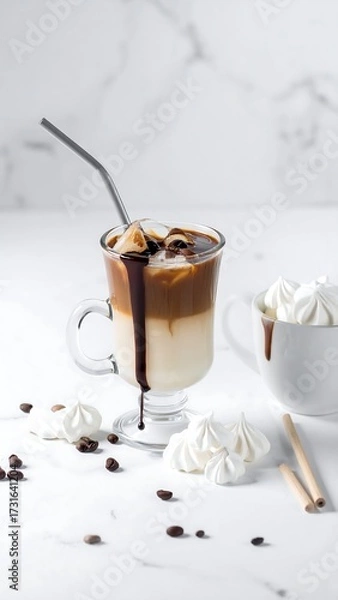 Fototapeta Iced coffee drink with chocolate drizzle, served in a glass with handle, accompanied by marshmallows and coffee beans