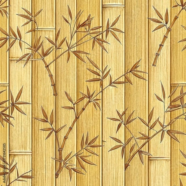 Fototapeta Bamboo surface texture with vertical stalks and leaves in golden yellow tones. Natural pattern with botanical design and organic wood grain finish
