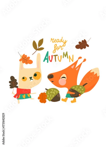 Fototapeta Cute Bunny in Sweater standing with Funny Fox with Acorn