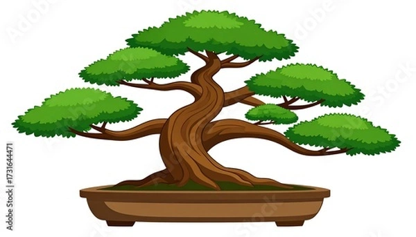 Fototapeta Lush, green bonsai tree in a brown rectangular pot, with thick, twisting branches