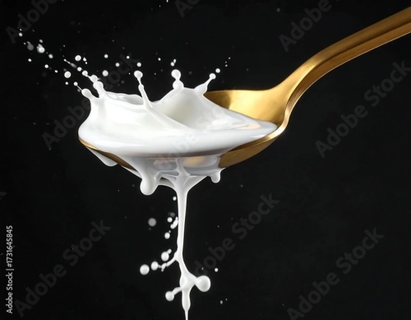 Fototapeta Milk splashing dramatically from a gold spoon against a black backdrop
