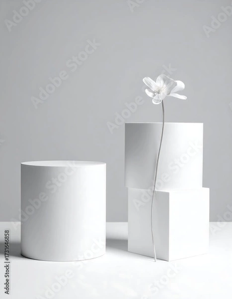 Fototapeta Minimalist still life of a single white flower rising from two white cubic platforms next to a white cylinder on a white surface