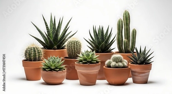 Fototapeta Diverse potted cacti and succulents against a clean white backdrop