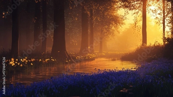 Fototapeta Tranquil Forest Stream with Sunlight and Wildflowers at Dusk