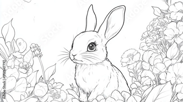 Fototapeta Cute Rabbit Surrounded by Floral Elements in Hand-Drawn Style