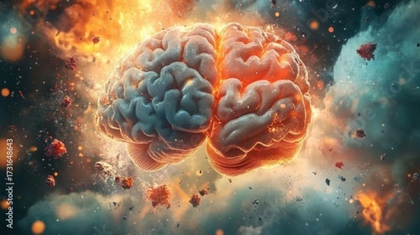 Fototapeta Vibrant Brain Artwork with Explosive Background and Cosmic Elements