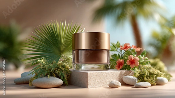 Fototapeta Natural cleansing balm jar on warm beige backdrop with leaves for product, soft natural lighting