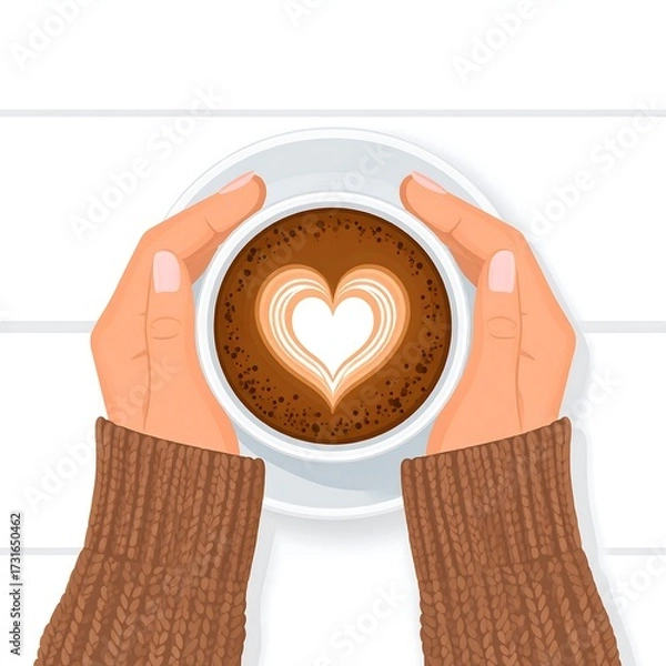 Fototapeta Overhead view of hands holding a coffee cup with heart latte art