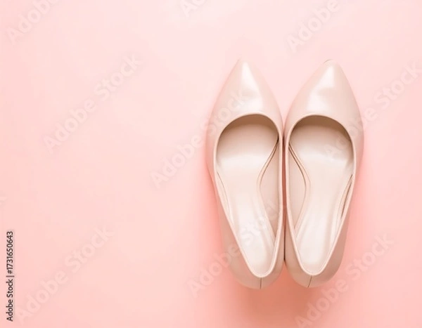 Fototapeta Pair of light-pink, pointed-toe high heels on a pink background