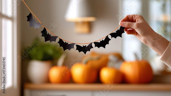 Fototapeta Hand holding a decorative bat garland made of black paper, with pumpkins in the background, creating a festive atmosphere for Halloween celebrations and home decor