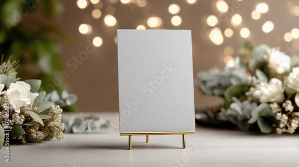 Fototapeta Blank white card mock up on a gold stand surrounded by elegant floral arrangements and soft bokeh lights creating a serene and inviting atmosphere for design purposes