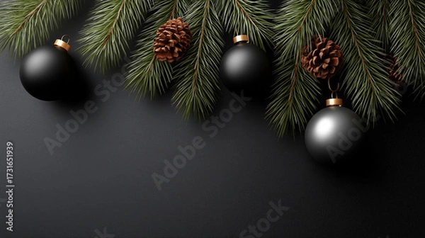 Fototapeta Elegant black Christmas ornaments and pine cones are beautifully arranged on dark surface, surrounded by lush evergreen branches, creating a festive and sophisticated holiday atmosphere