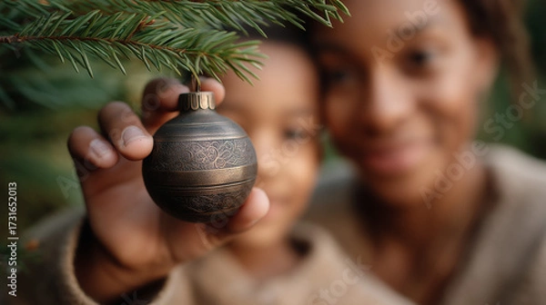 Fototapeta African American woman holding a decorative ornament while smiling with a child in a cozy outdoor setting, surrounded by evergreen branches, celebrating holiday traditions and family bonding