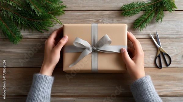 Fototapeta Hands of a person holding a beautifully wrapped gift box with a silver ribbon, surrounded by pine branches and scissors on a rustic wooden table, evoking a festive atmosphere