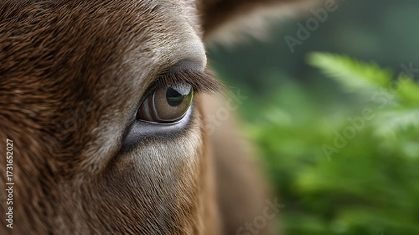 Fototapeta Close-up of a brown animal's eye surrounded by lush green foliage, showcasing intricate details and textures, reflecting nature's beauty and tranquility in a serene environment