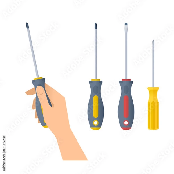 Obraz Human hand holds screwdriver. Flat illustration of male hand with builder and construction tool and screwdrivers with cross and flat heads. Vector design element set isolated on white background.
