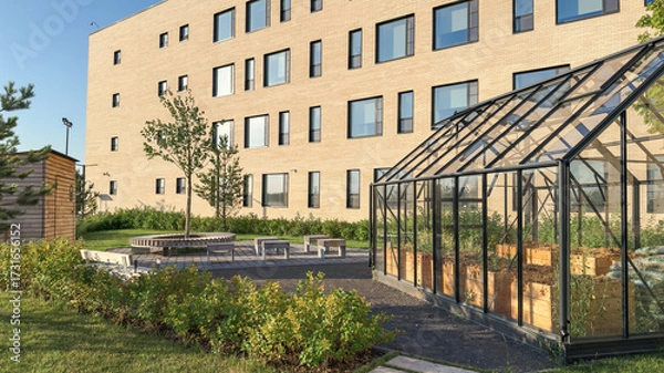 Fototapeta Modern school campus with greenhouse for educational gardening. Sustainable learning environment combining nature, science and eco-friendly education. and STEM projects.