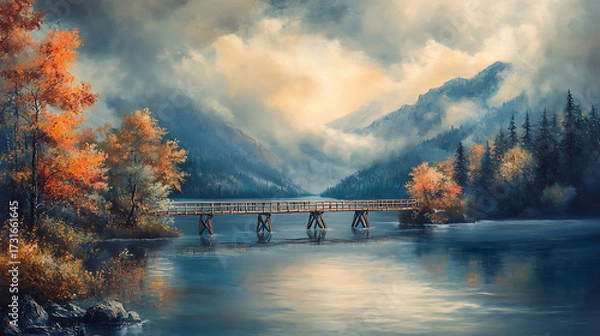 Fototapeta Bridge over river and lake at sunset with reflections