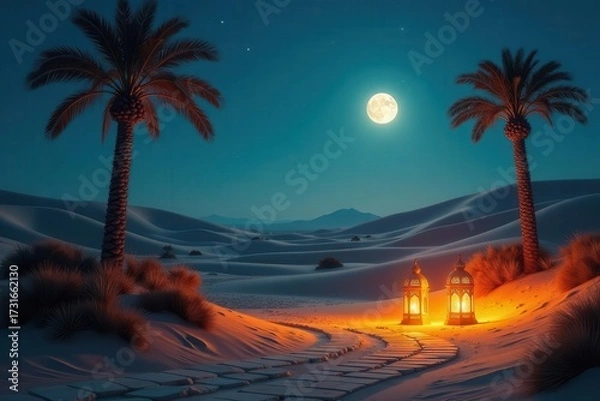 Fototapeta Serene desert night scene with illuminated path and palm trees under a full moon