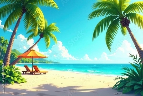 Fototapeta Idyllic Tropical Beach Scene with Palm Trees, Sunny Skies, and Relaxing Lounge Chairs