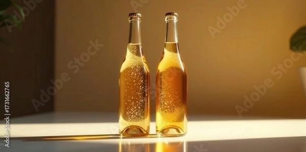 Fototapeta Two Golden Beverages in Glass Bottles Basking in Sunlight on a Table