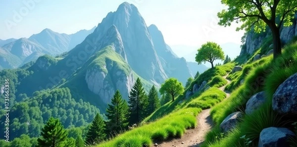 Fototapeta Serene Mountain Path Winding Through Lush Green Meadows and Majestic Peaks Under a Bright Sunny Sky