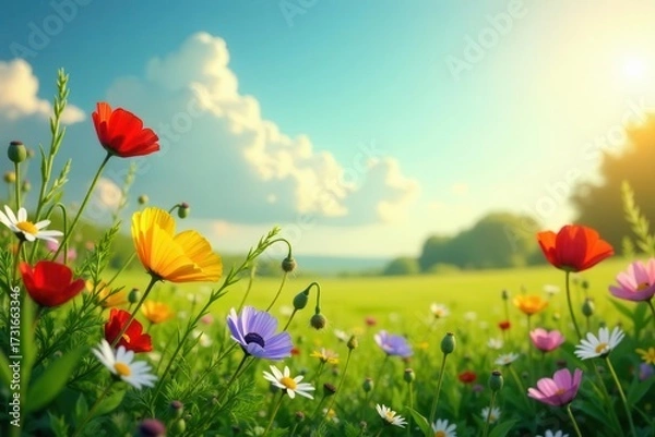 Fototapeta Vibrant wildflowers blooming in a sunlit meadow, showcasing a delightful array of colors and textures against a backdrop of a clear blue sky with fluffy white clouds and a gently rolling green field.