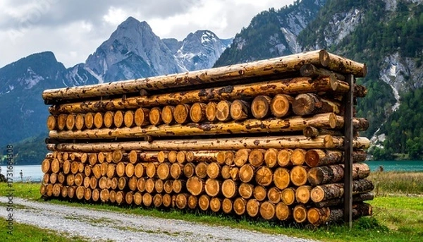 Obraz Stacked logs against a mountain backdrop