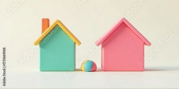 Fototapeta Pastel-colored miniature houses and a cracked egg symbolize new beginnings, potential, and fragility of life's journey