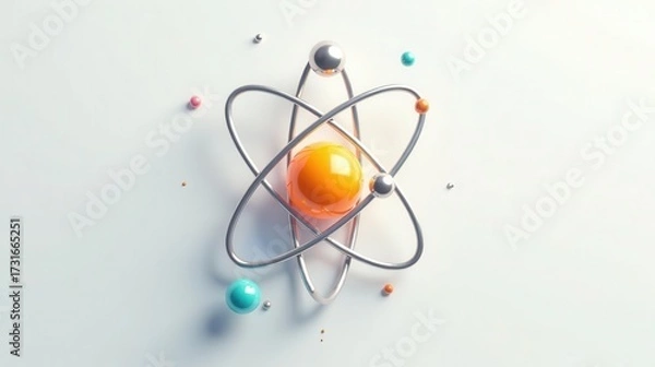 Fototapeta Abstract Atomic Structure Colorful Spheres Orbiting a Central Nucleus on a White Background