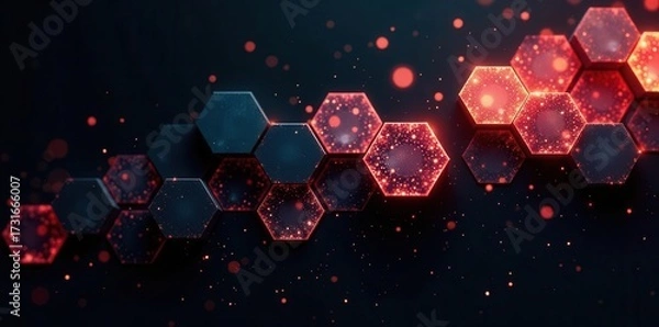 Fototapeta Abstract Hexagonal Structure with Glowing Red Particles and Dark Background