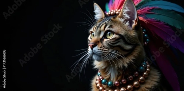 Fototapeta A regal feline adorned with a vibrant feathered headdress and exquisite beaded necklaces, gazing intently into the distance, against a stark black backdrop.