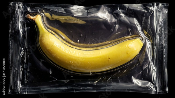 Obraz Yellow banana vacuum sealed in plastic packaging on black background, concept of preservation, modern food storage, minimal art.