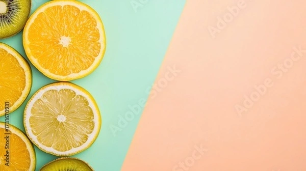 Fototapeta Sliced citrus fruits, including oranges, lemons, and kiwis, arranged on a pastel blue and peach background.