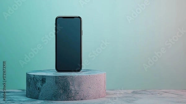 Fototapeta A sleek black smartphone stands vertically on a textured cylindrical stone pedestal against a gradient teal background.