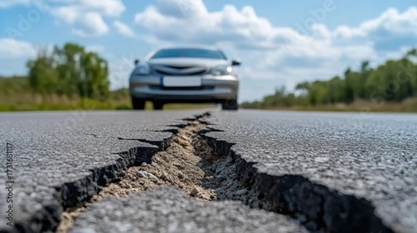 Fototapeta A self-repairing road system instantly fixing cracks after a powerful earthquake