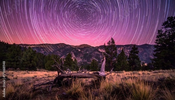 Obraz Star trails over a mountain meadow