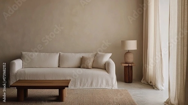 Fototapeta A minimalist living room with a beige sofa, wooden coffee table, textured rug, and a floor lamp near light, flowing curtains.