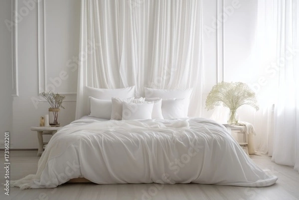 Fototapeta A tranquil and minimalist bedroom design featuring simple lines and a peaceful ambiance
