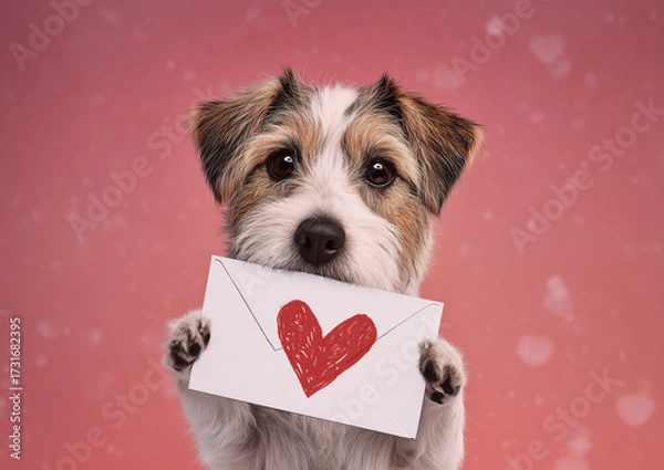 Fototapeta Ai dog holds letter with heart illustration in a festive setting during Valentine's Day celebration