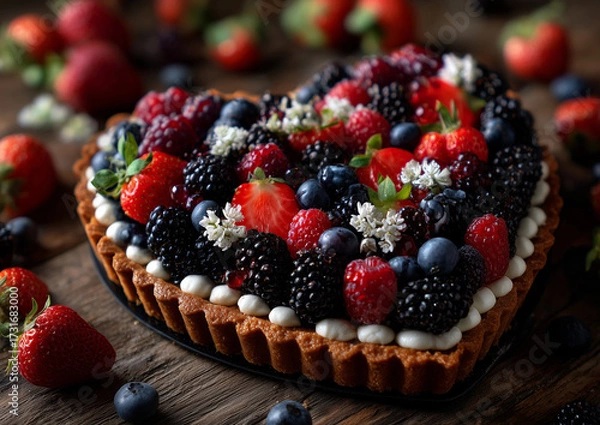 Fototapeta Ai fresh berry tart with a heart shape decorated with flowers on wooden table
