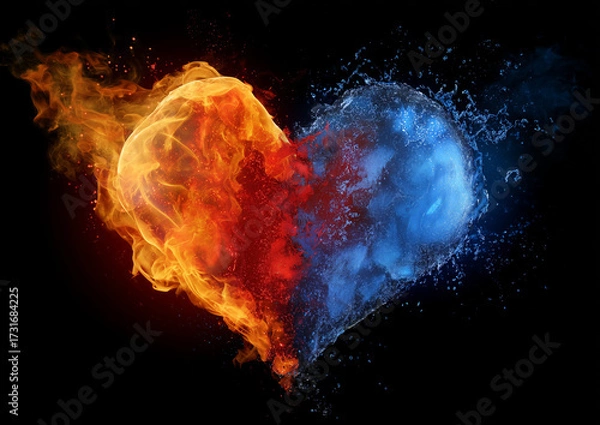 Fototapeta Ai heart shape made of fire and water blending together creating a stunning visual effect of passion and emotion